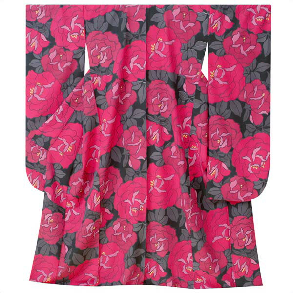【訳アリ】【中古品】仕立て上がり 振袖 単品「黒×ピンク 薔薇」貸衣装処分 レンタル処分品【メール便不可】