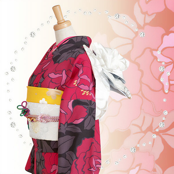 【訳アリ】【中古品】仕立て上がり 振袖 単品「黒×ピンク 薔薇」貸衣装処分 レンタル処分品【メール便不可】