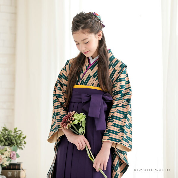 袴セット ジュニア 小学生 女の子「矢羽 緑×ベージュ＋紫」 卒業式