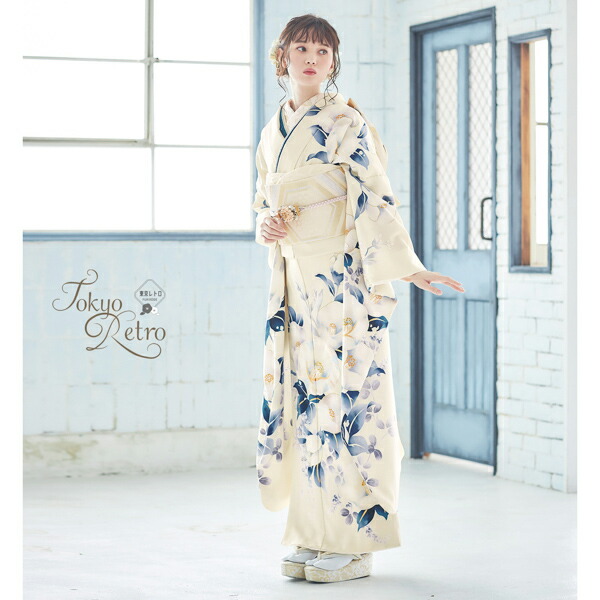 未仕立て 振袖 22点セット「東京レトロ オフホワイト 椿」仮絵羽