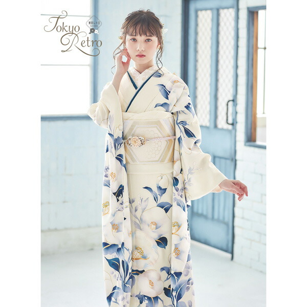 未仕立て 振袖 22点セット「東京レトロ オフホワイト 椿」仮絵羽