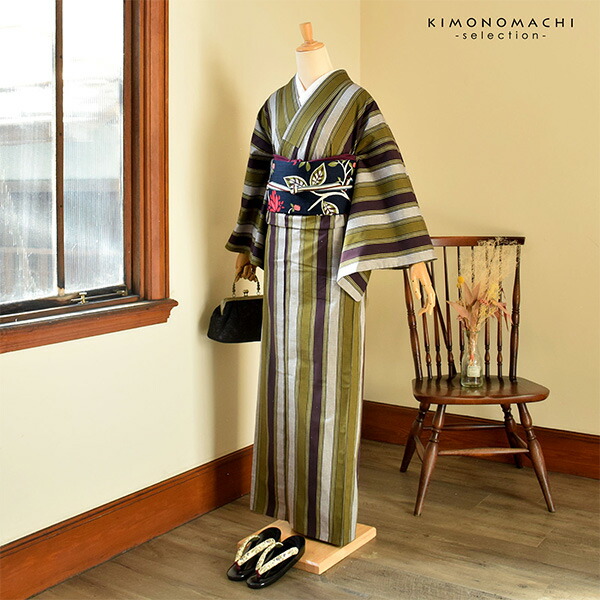三河木綿 洗える着物 単品「鳶色、抹茶色、白 縞」お仕立て上がり 木綿