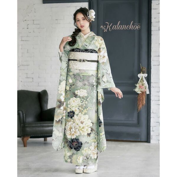 未仕立て 振袖 22点セット「カランコエ モスグリーン 牡丹に花々」仮絵