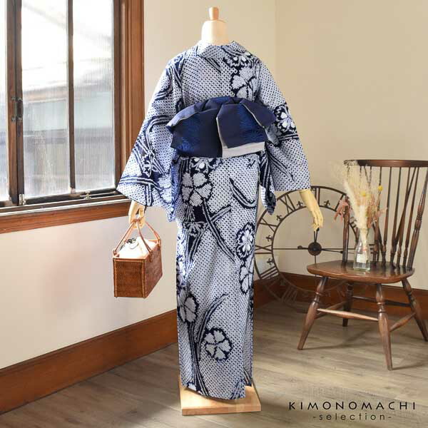 お仕立て上がり絞り浴衣単品「チャーミングなでしこ 紺」有松