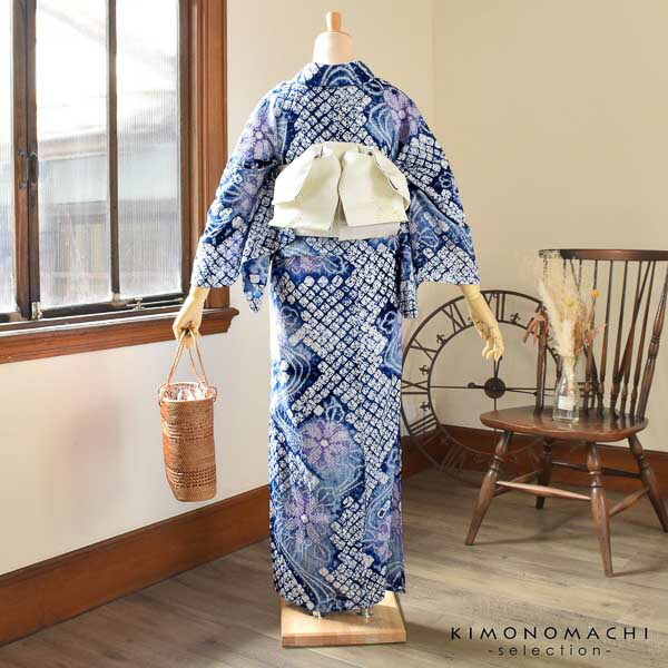 お仕立て上がり絞り浴衣単品「ガール菊 紺かけ水色」有松絞り 女性浴衣 