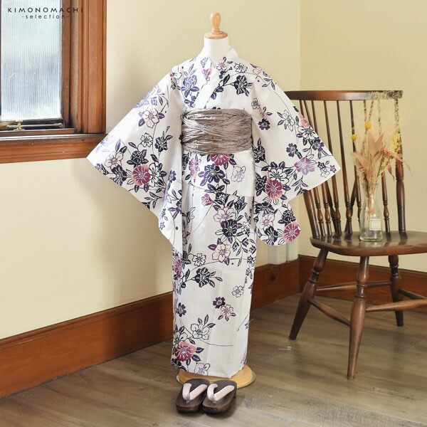 浴衣 子供 女の子 子供浴衣 単品「白地 紫紺、露芝に椿」110cm/120cm/130cm/140cm/150cm こども 子ども キッズ ジュニア ゆかた yukata kids【メール便不可】