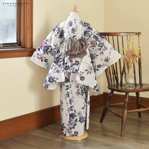 浴衣 子供 女の子 子供浴衣 単品「白地 紫紺、露芝に椿」110cm/120cm/130cm/140cm/150cm こども 子ども キッズ ジュニア ゆかた yukata kids【メール便不可】
