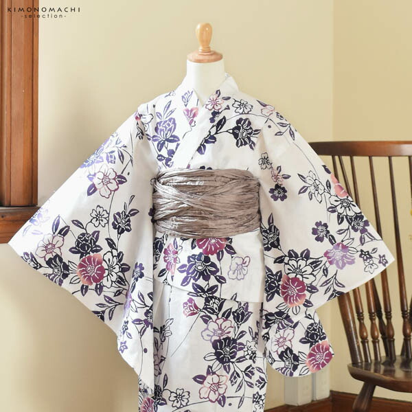 浴衣 子供 女の子 子供浴衣 単品「白地 紫紺、露芝に椿」110cm/120cm/130cm/140cm/150cm こども 子ども キッズ ジュニア ゆかた yukata kids【メール便不可】