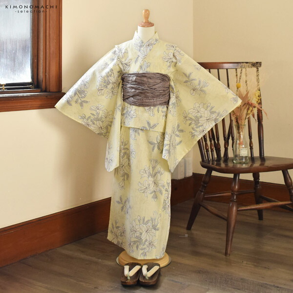 浴衣 子供 女の子 子供浴衣 単品「クリームイエロー 百合」110cm/120cm/130cm/140cm/150cm こども 子ども キッズ ジュニア ゆかた yukata kids【メール便不可】