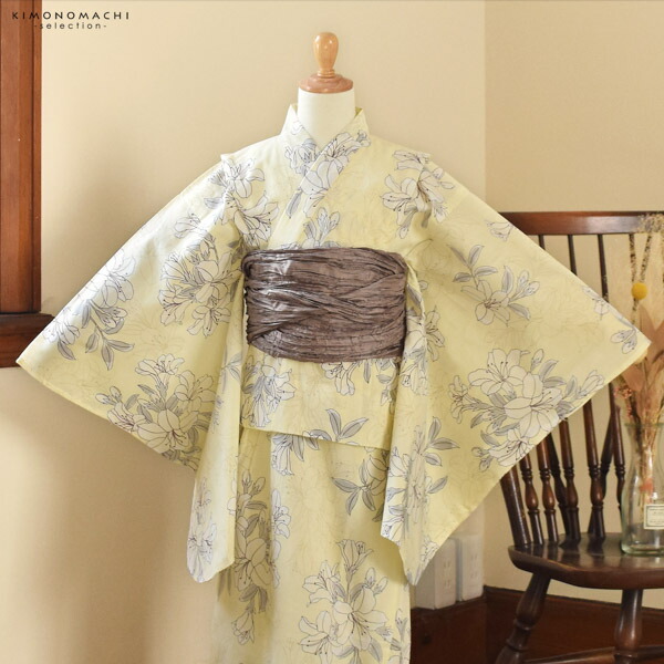 浴衣 子供 女の子 子供浴衣 単品「クリームイエロー 百合」110cm/120cm/130cm/140cm/150cm こども 子ども キッズ ジュニア ゆかた yukata kids【メール便不可】