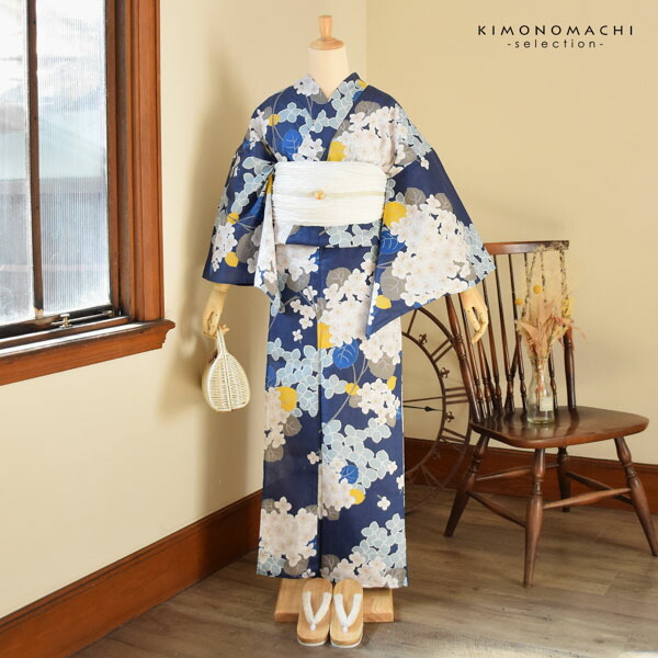 限定1点！新品・未使用！綿麻生地　大人柄浴衣 　単品　Ｆサイズ 生田絵梨花 ブランド浴衣単品 「あじさい 紺」浴衣 レディース Fサイズ