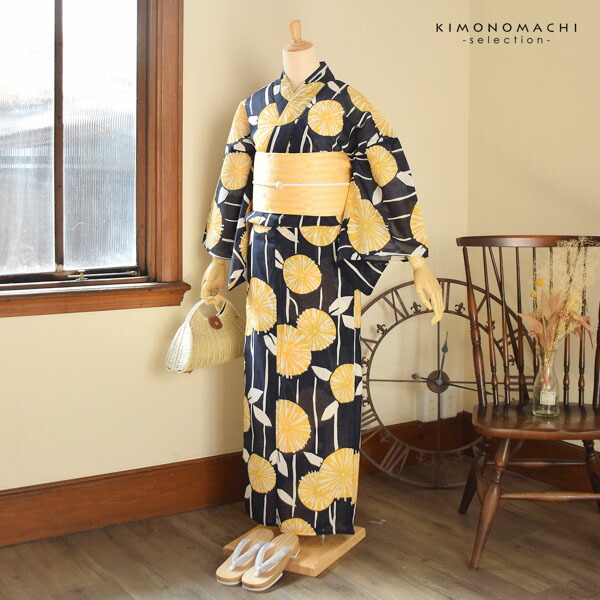 新品未使用　綿麻浴衣　膨れ織半幅帯　２点セット 浴衣 セット レディース 浴衣セット 兵児帯 ゆかた 綿麻 麻混