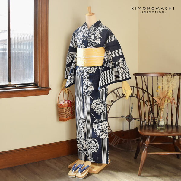浴衣　夏　単着物　紺色　吸湿速乾　献上柄　半幅帯　2点セット　0616⑪ Amazon.co.jp: 浴衣 綿麻 粋な夏着物 菊柄 紺色 献上柄 半幅帯 2