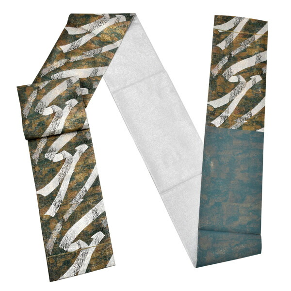 袋帯 カジュアル向け「青緑×金 白銀の蔓帯に山林」日本製 西陣織