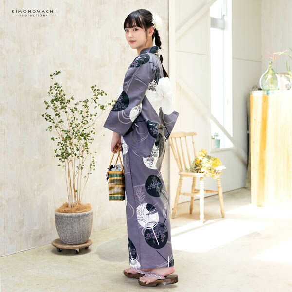 浴衣 レディース 女性浴衣単品「グレー うちわ 3IS-2」綿浴衣 プレタ