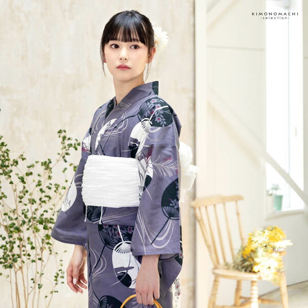 浴衣 レディース 女性浴衣単品「グレー うちわ 3IS-2」綿浴衣