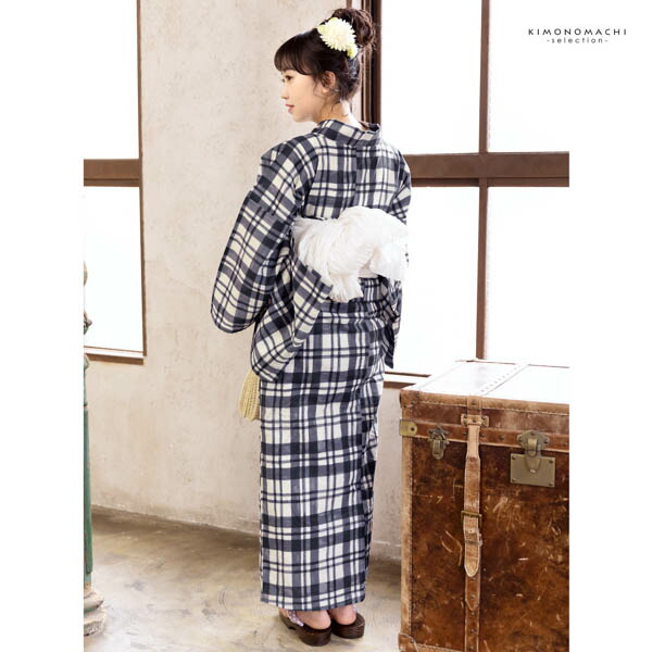 浴衣 レディース 女性浴衣単品「白地 墨色格子 3IS-4」綿浴衣