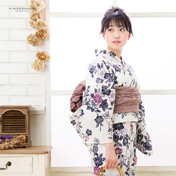 浴衣 レディース 女性浴衣単品「白地 紫紺、露芝に椿 3IS-11」綿