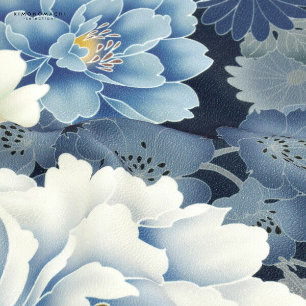 二尺袖着物 単品「藍鉄色 牡丹に花々」お仕立て上がり レディース