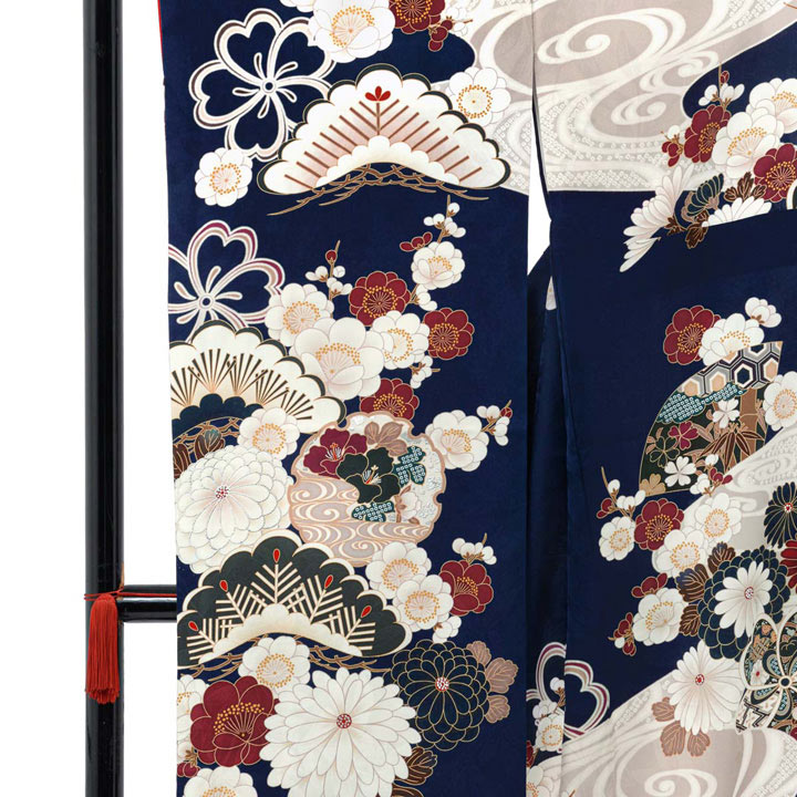 未仕立て 振袖 22点セット「濃紺 流水菊牡丹」仮絵羽 振り袖 正絹 着物 ブランド振袖 成人式 結婚式 結納 パーティー 晴れ着 【メール便不可】