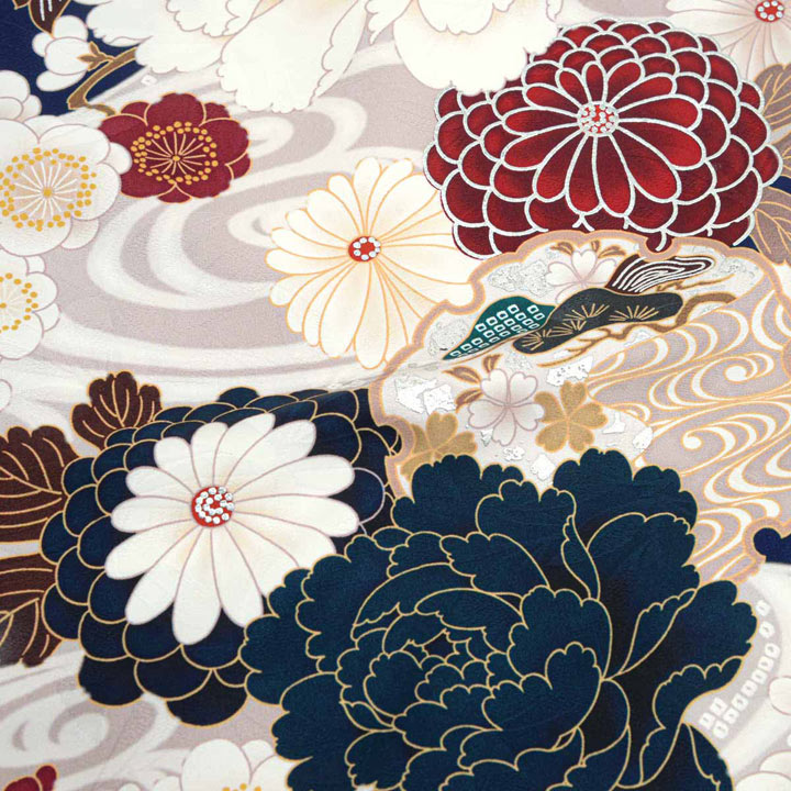 未仕立て 振袖 22点セット「濃紺 流水菊牡丹」仮絵羽 振り袖 正絹 着物 ブランド振袖 成人式 結婚式 結納 パーティー 晴れ着 【メール便不可】