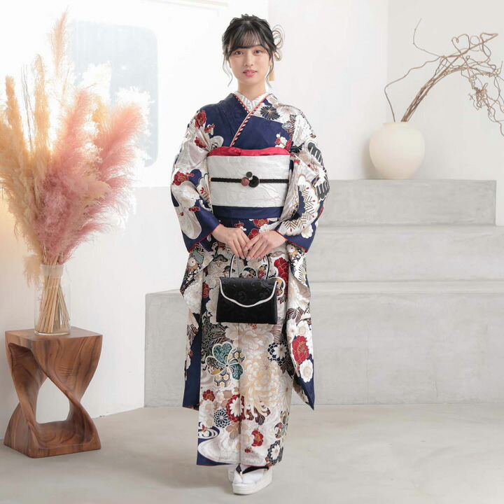 未仕立て 振袖 22点セット「濃紺 流水菊牡丹」仮絵羽 振り袖