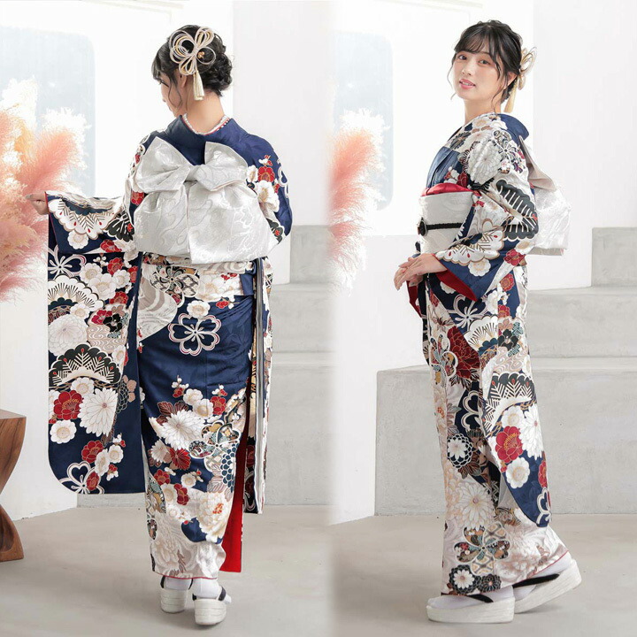 E256☆送料込み❣️仮絵羽 未仕立て 振袖 牡丹・桜・菊模様 刺繍 八掛付き❣️ 未仕立て 振袖 22点セット「東京レトロ 白 菊牡丹に梅」仮絵羽