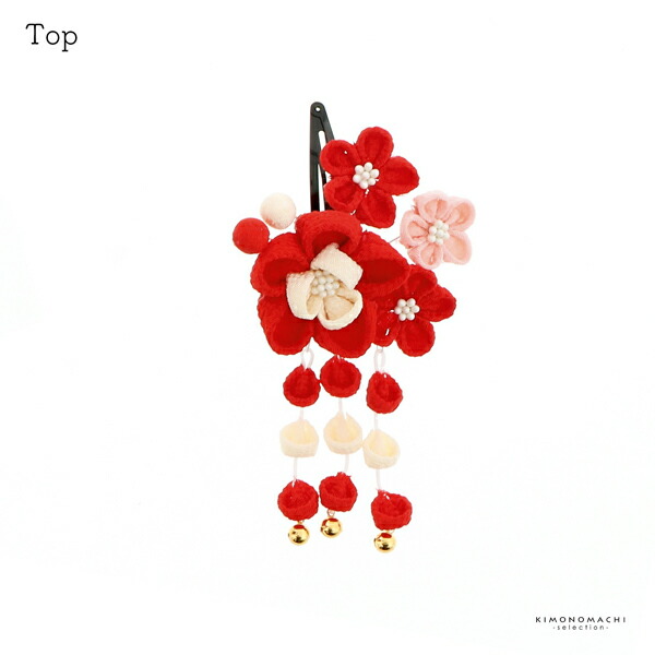 七五三 クリップ 髪飾り「赤 丸つまみのお花」ヘアアクセサリー