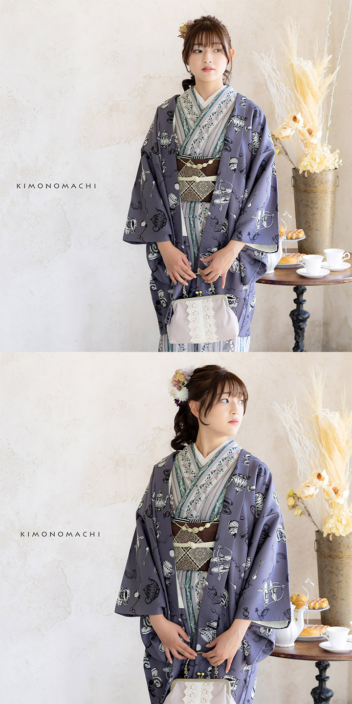 羽織 単品 KIMONOMACHI オリジナル「アフタヌーンティー ウィスタリアグレー」ポリエステル 洗える羽織 きもの福袋から飛び出したオリジナル羽織 京都きもの町オリジナル カジュアル着物【メール便不可】