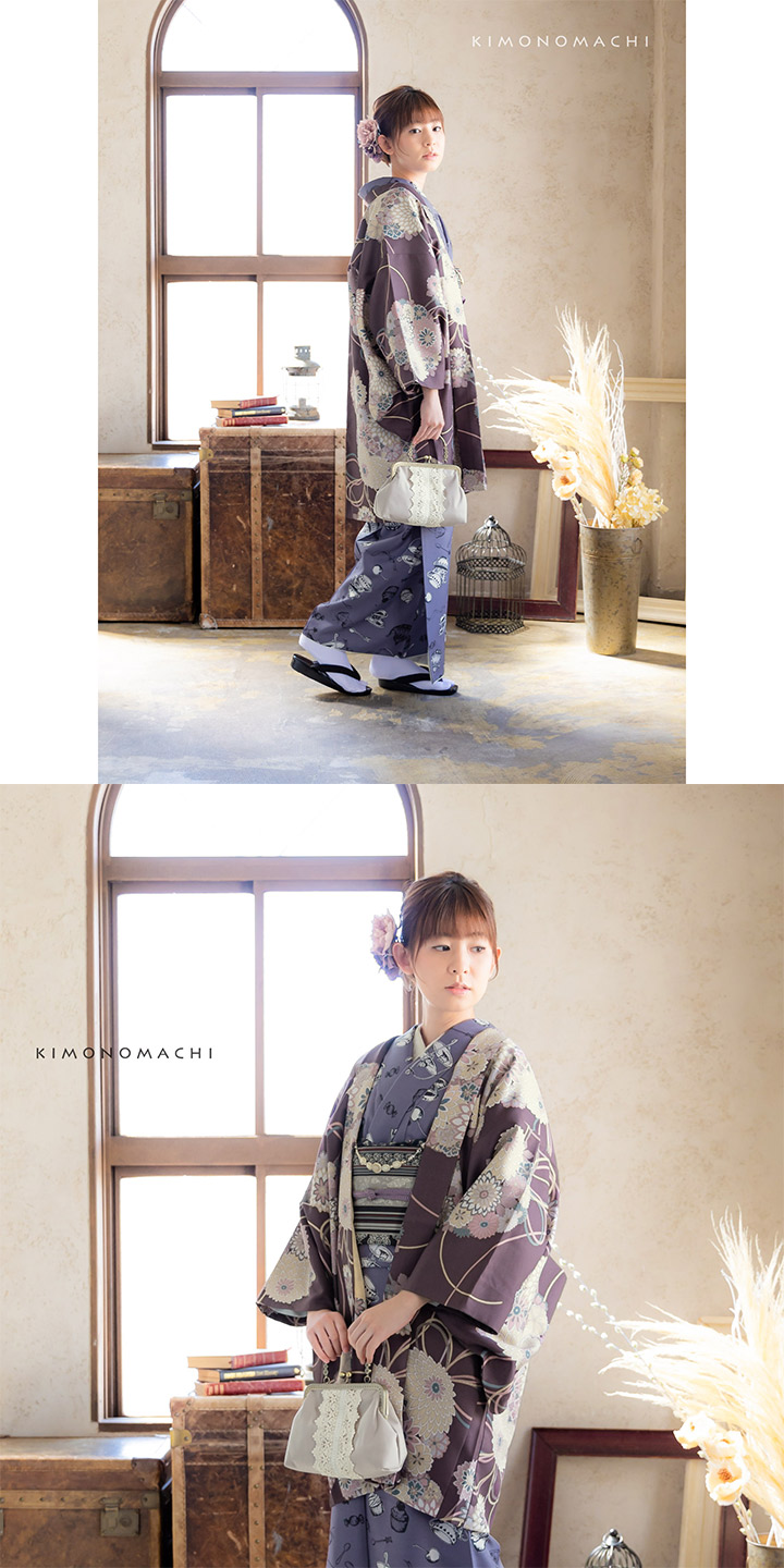 羽織 単品 KIMONOMACHI オリジナル「花くす玉　紫鳶色」ポリエステル 洗える羽織 きもの福袋から飛び出したオリジナル羽織 京都きもの町オリジナル カジュアル着物【メール便不可】