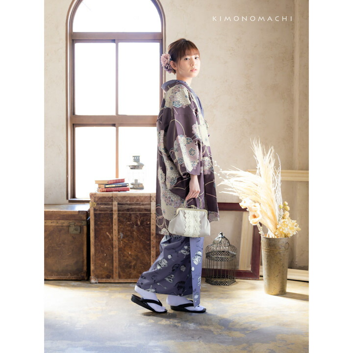 KIMONOMACHI 羽織 単品 オリジナル「花くす玉 紫鳶色」ポリエステル