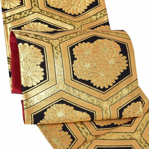 振袖 帯「ゴールド×黒 菊入亀甲」日本製 未仕立て 六通柄 振袖用 袋帯 