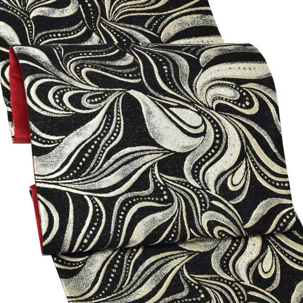 振袖 帯「黒 モダン唐草」日本製 未仕立て 六通柄 振袖用 袋帯 振袖帯