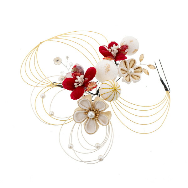 髪飾り 成人式 卒業式 3点セット「赤、白　お花と水引」水引 Uピン 振袖用髪飾り お花髪飾り 結婚式 前撮り 後撮り 着物【メール便不可】