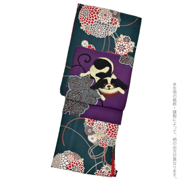 【美品】洗える着物と京袋帯のセット　単衣　芝草文様　兎疋田満月と三日月の図 KIMONOMACHI 洗える着物 セット「袷着物：花くす玉 青緑色＋京