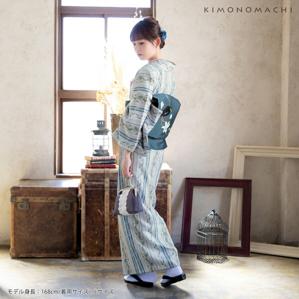 KIMONOMACHI 洗える着物 セット「袷着物：縞すずらん ベージュ