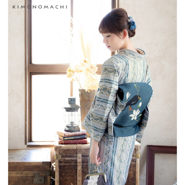 KIMONOMACHI 洗える着物 セット「袷着物：縞すずらん ベージュ