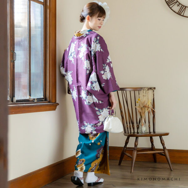 小紋　紬　フルセット　着物　正絹　ストライプ　草　葉　青　紫　O1 KIMONOMACHI 洗える着物 セット「袷着物：ストライプブーケ プラム＋京