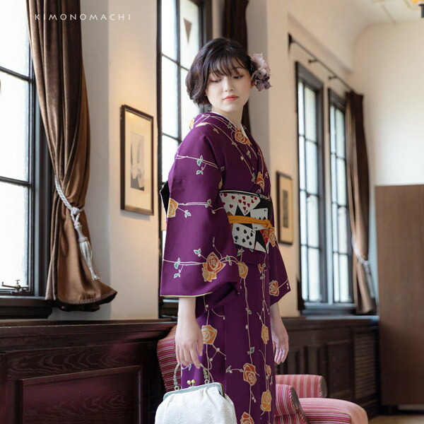 洗える着物 セット「袷着物：ばら紫色＋京袋帯：黒トランプ＋羽織