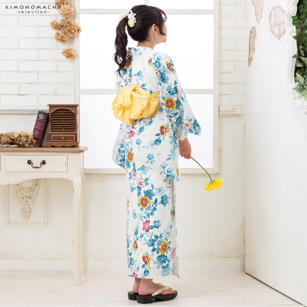 浴衣 子供 女の子 子供浴衣 単品「白地 浅葱色、露芝に椿」110cm/120cm/130cm/140cm/150cm こども 子ども キッズ ジュニア ゆかた yukata kids【メール便不可】