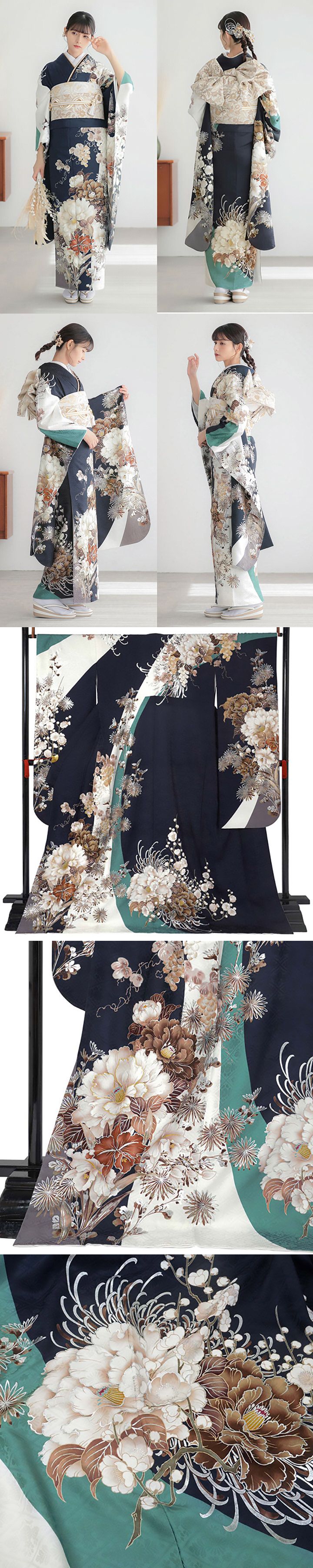 未仕立て 振袖 22点セット「濃紺×白 牡丹にアマリリス」仮絵羽 振り袖 正絹 着物 ブランド振袖 成人式 結婚式 結納 パーティー 晴れ着 【メール便不可】