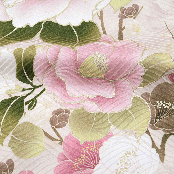 B212☆送料込み❣️仮絵羽 未仕立て 振袖 貝桶に花模様 刺繍 八掛付き❣️ 未仕立て 振袖 22点セット「なえなのの振袖 桜鼠 椿に梅」仮絵羽