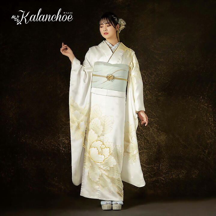 未仕立て 振袖 22点セット「カランコエ 白 大輪牡丹」仮絵羽 振り袖