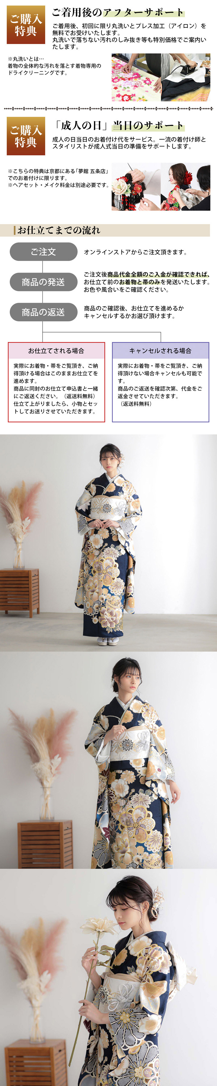 未仕立て 振袖 22点セット「紺 梅と牡丹に鈴と手毬」仮絵羽