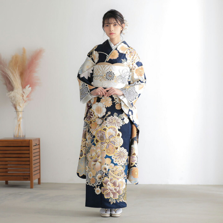 未仕立て 振袖 22点セット「紺 梅と牡丹に鈴と手毬」仮絵羽