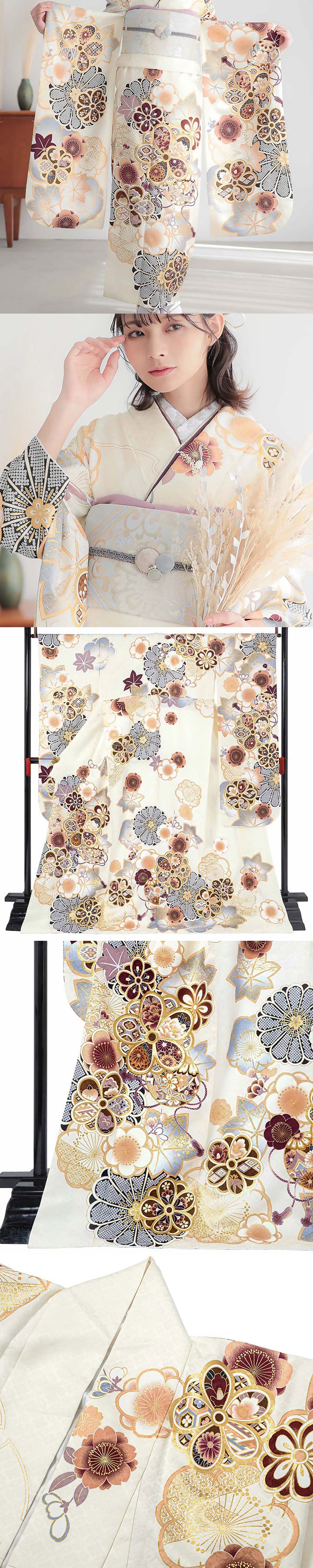 未仕立て 振袖 22点セット「オフホワイト 梅に楓と手毬」仮絵羽 振り袖 正絹 着物 ブランド振袖 成人式 結婚式 結納 パーティー 晴れ着 【メール便不可】