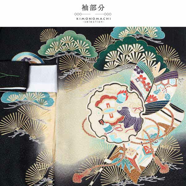 男の子のお宮参り産着 祝い着「黒 鷹、太鼓と車輪」熨斗目 のしめ