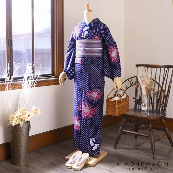 お仕立て上がり絞り浴衣単品「夢はなび えんじ紺」有松絞り 女性浴衣単品 レディース浴衣単品 綿 お仕立て上がり浴衣 yukata(メール便不可)の画像