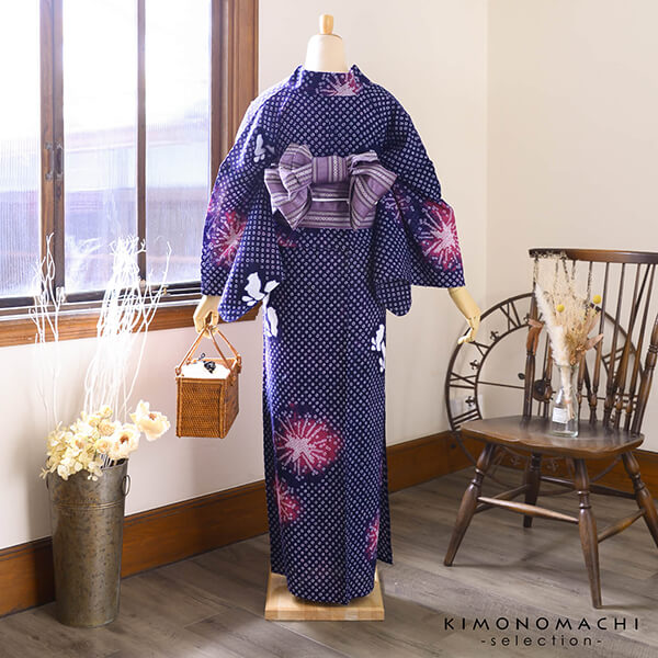 お仕立て上がり絞り浴衣単品「夢はなび えんじ紺」有松絞り 女性浴衣単品 レディース浴衣単品 綿 お仕立て上がり浴衣 yukata(メール便不可)の画像