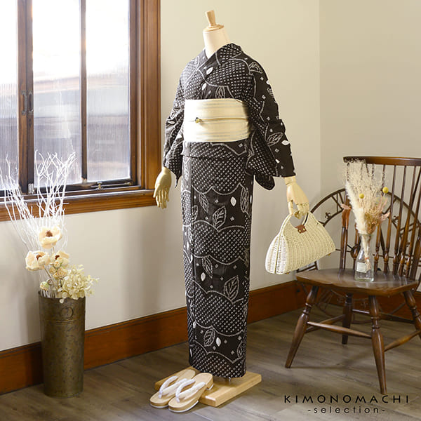 お仕立て上がり絞り浴衣単品「若葉 黒茶」有松絞り 女性浴衣単品 レディース浴衣単品 綿 お仕立て上がり浴衣 yukata(メール便不可)の画像